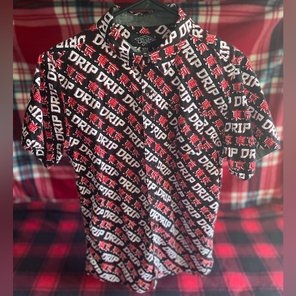 Boys button up drip shirt red white & black print size 14/16